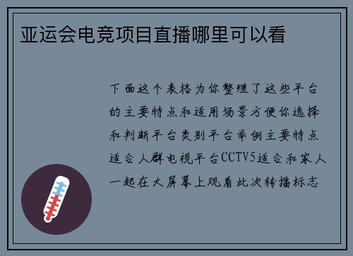 亚运会电竞项目直播哪里可以看